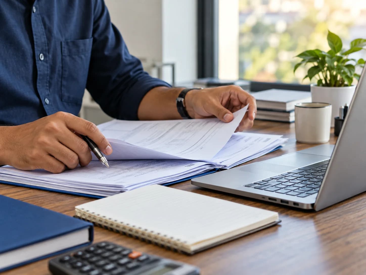 Application documents being reviewed beside a laptop